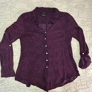 Ella Moss Polka Dot Top Size M Contrast Button Down Tab Sleeves Navy Red White